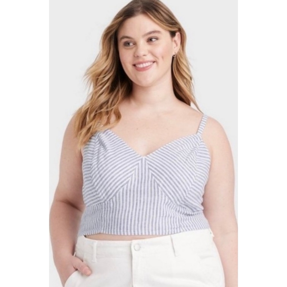 Universal Thread Striped Linen Crop Tank Blue & White Size XL